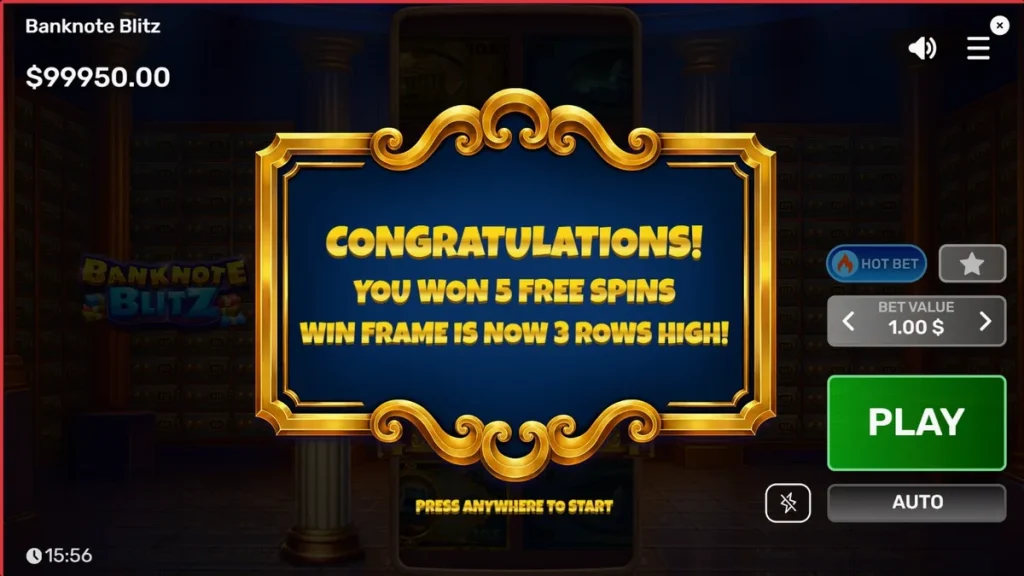 Interface do slot Banknote Blitz com tema de cofre de banco