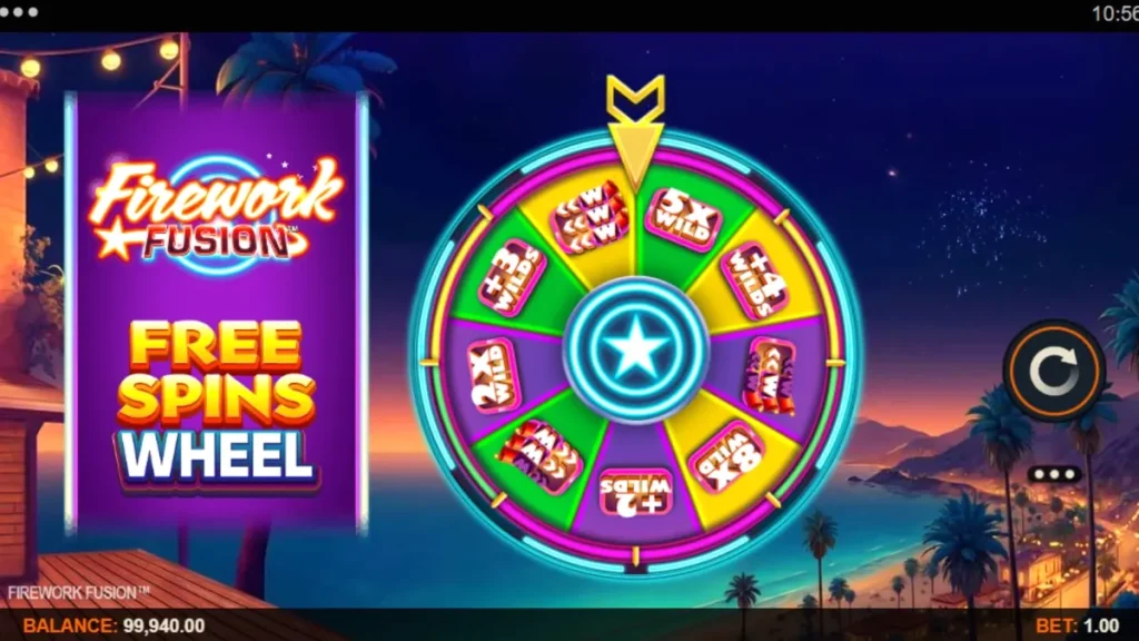 Interface vibrante do slot Firework Fusion com fogos de artifício e símbolos coloridos